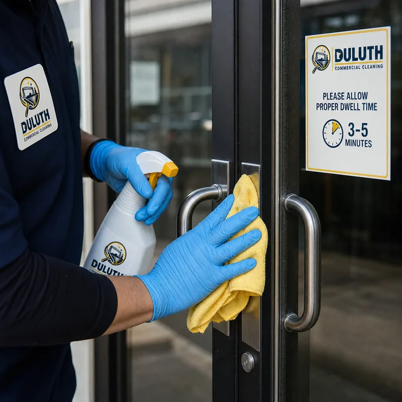 Gloved hand disinfecting door handles and push plates at a commercial entryway