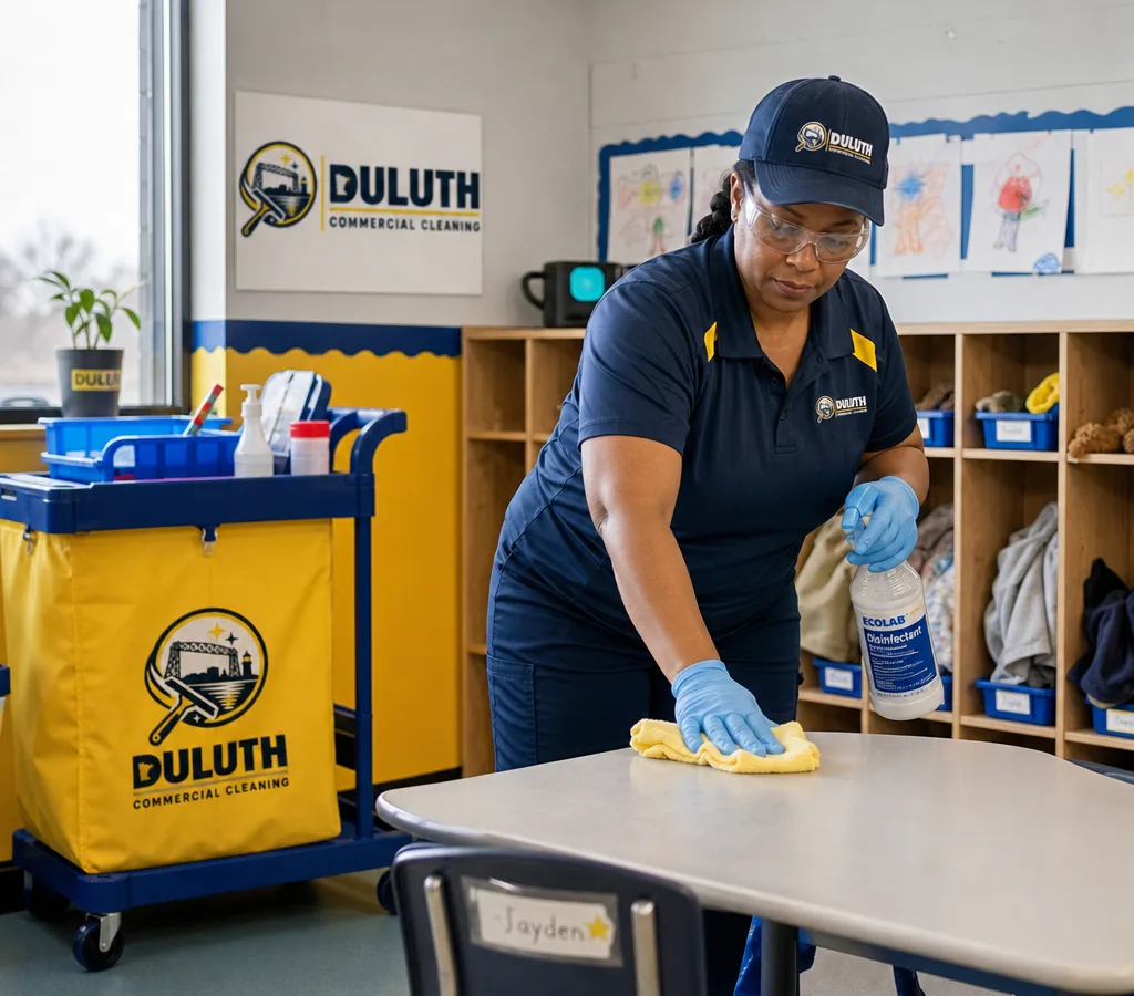 Cleaner disinfecting high-touch points in a bright school or day care setting with labeled supplies and protective equipment