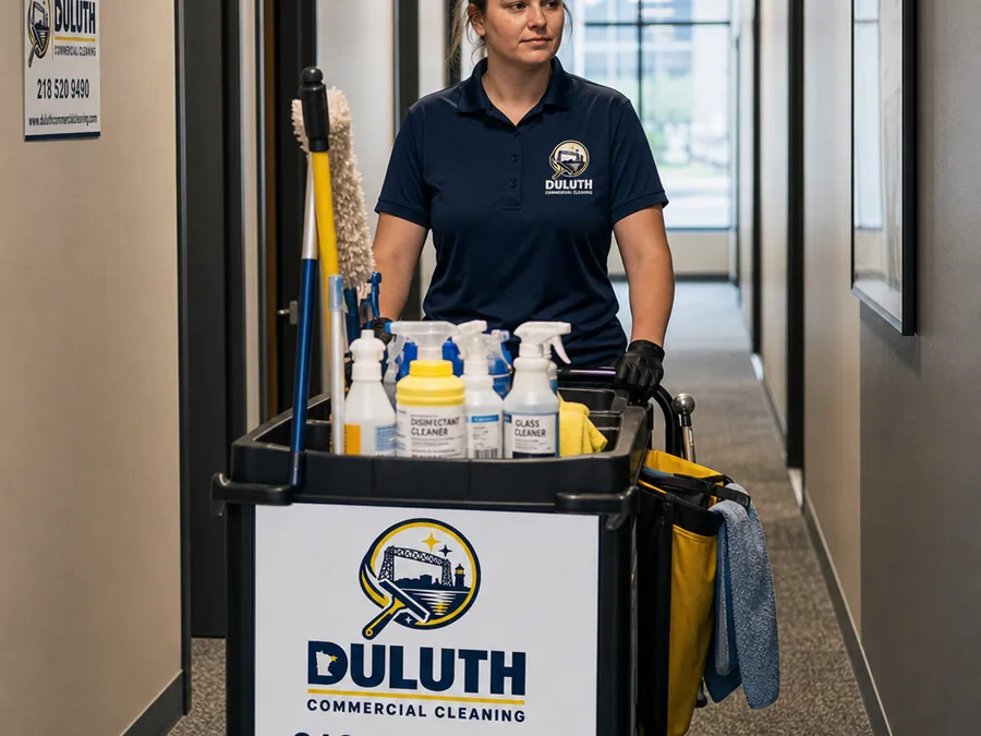 Cleaner vacuuming commercial carpet and edging an office corridor